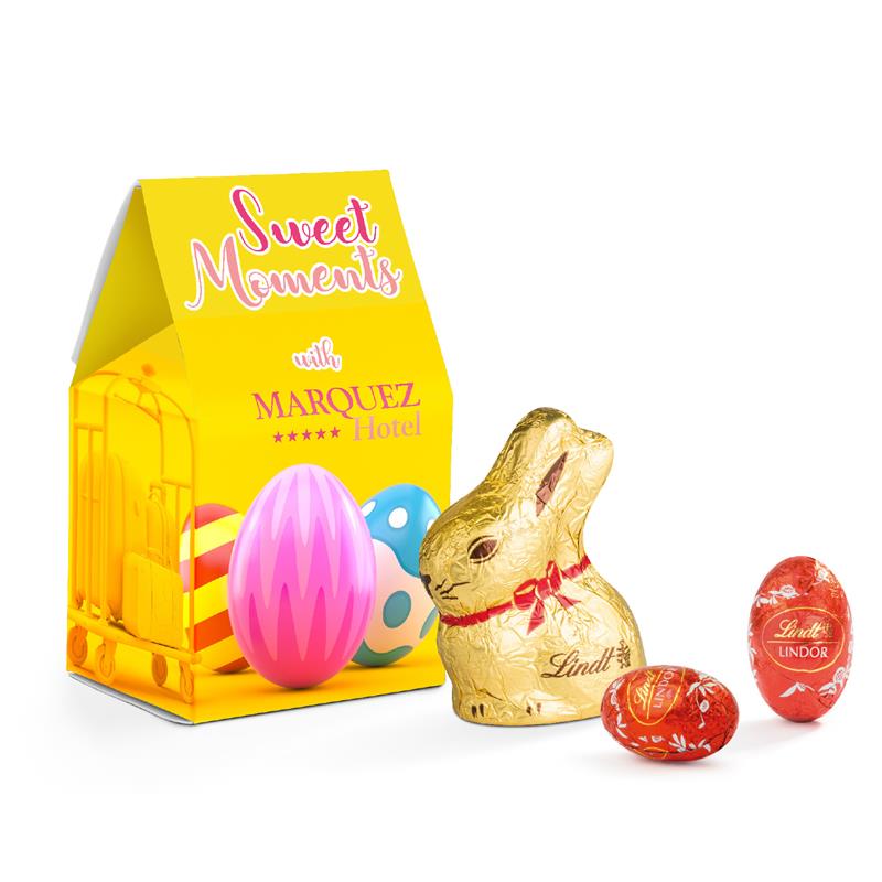 Standbodenbox Werbeverpackung aus weißem Karton Lindt Mischung: 4 Lindor Mini Eier (Alpenmilch, rot) & 1 Goldhase 10 g